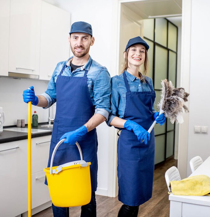Portrait of a couple as a professional cleaners in uniform standing together with cleaning tools indoors Portrait of a couple as a professional cleaners in uniform standing together with cleaning tools indoors